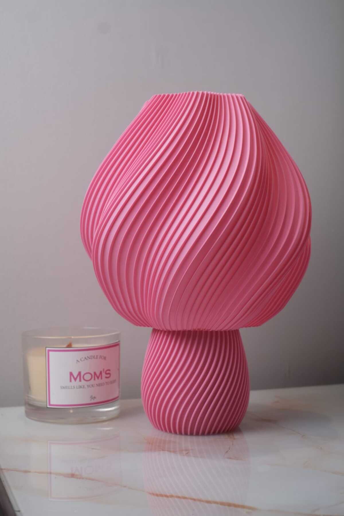 Çocuk Odası Pembe Abajur – 3D Baskı Pembe Spiral Tasarım Masa Lambası