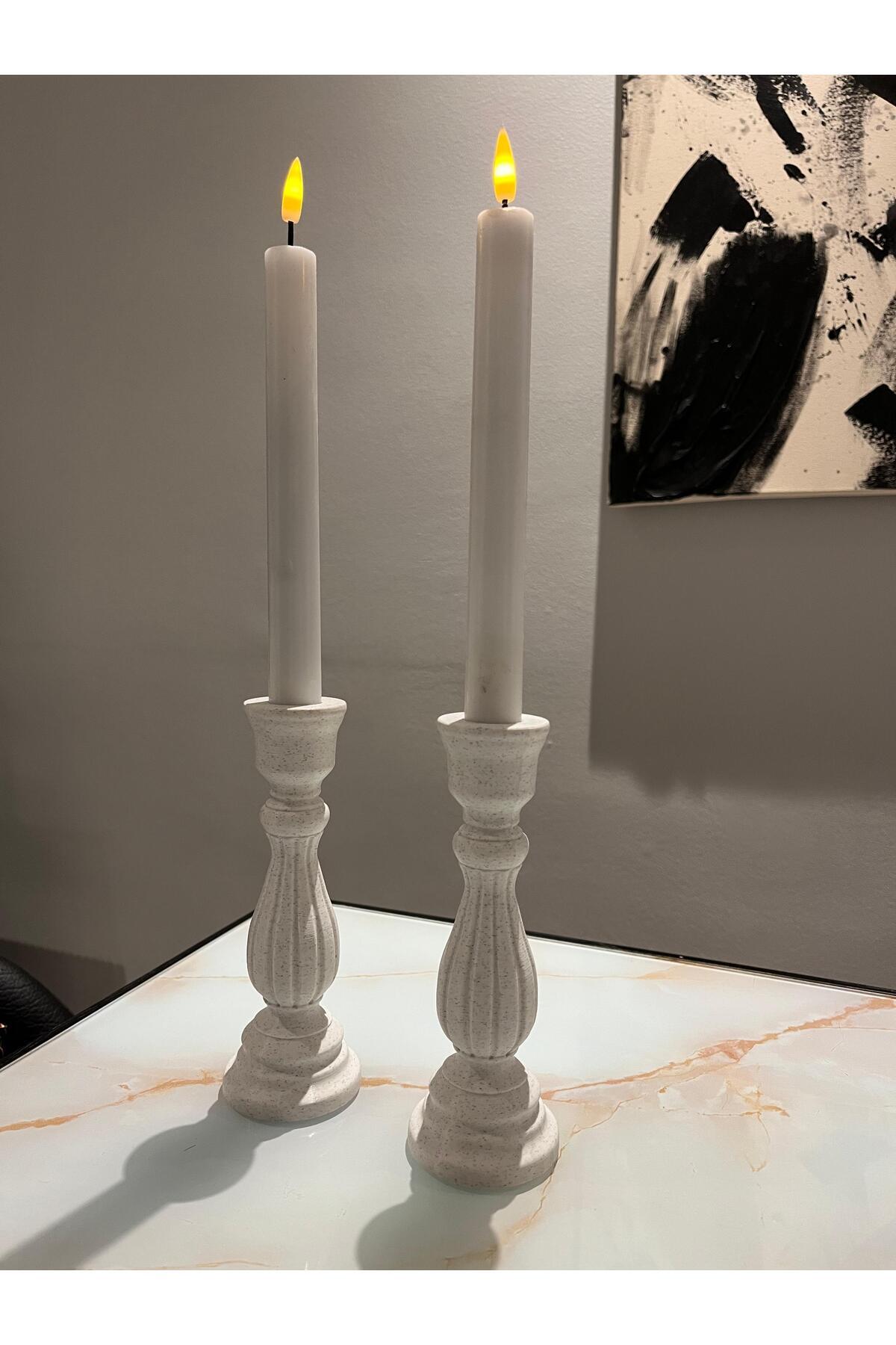 Modern Klasik Tarz: Beyaz Mermer Doku Şamdanlar – 2’li El Yapımı Set
