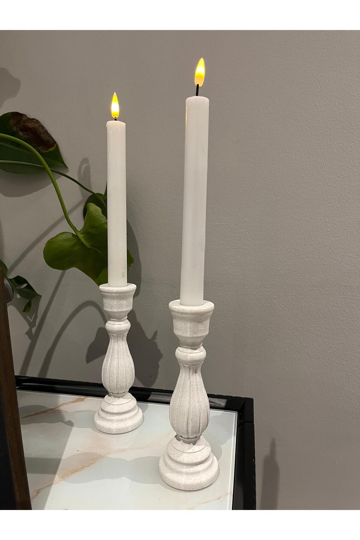 Modern Klasik Tarz: Beyaz Mermer Doku Şamdanlar – 2’li El Yapımı Set