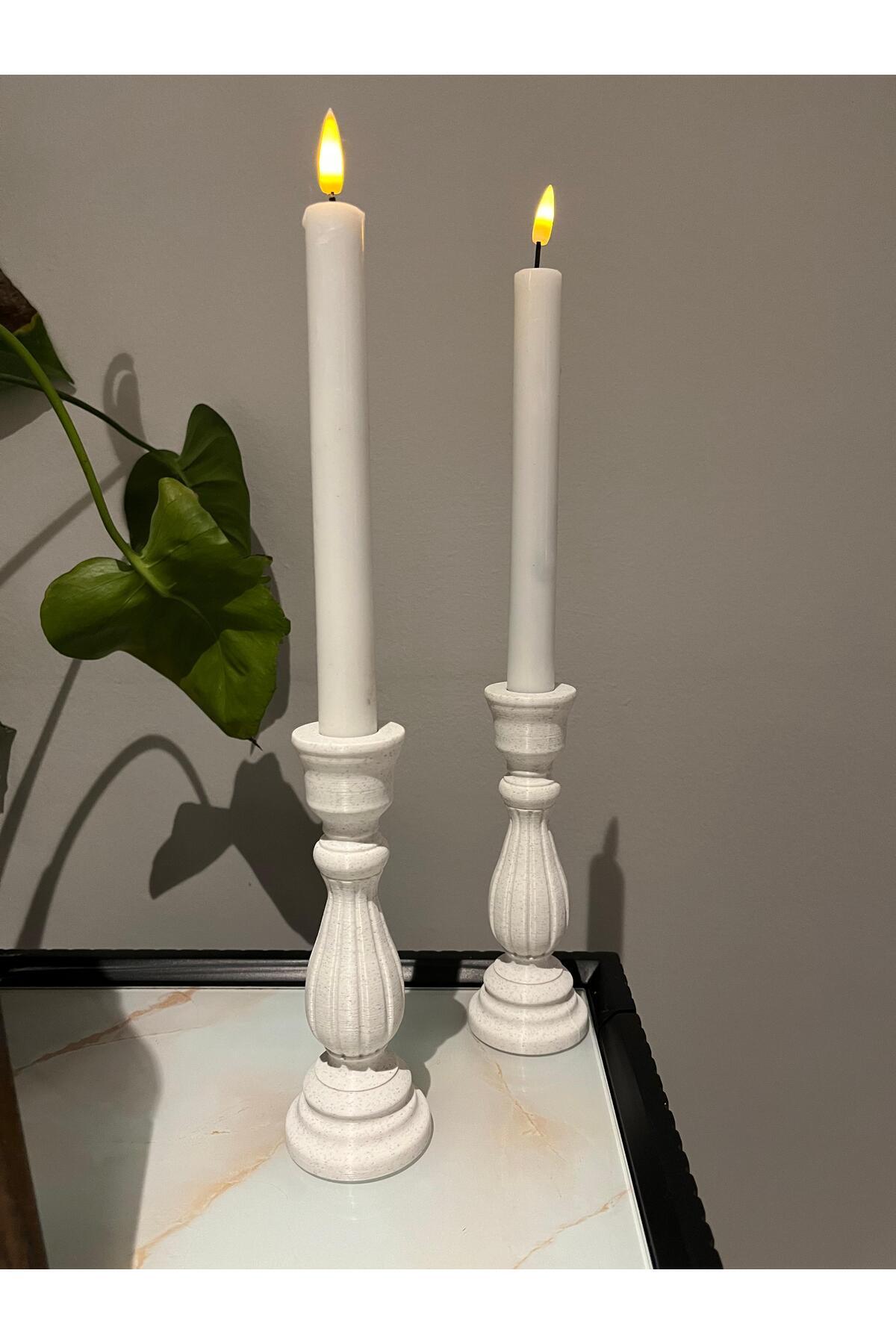 Modern Klasik Tarz: Beyaz Mermer Doku Şamdanlar – 2’li El Yapımı Set
