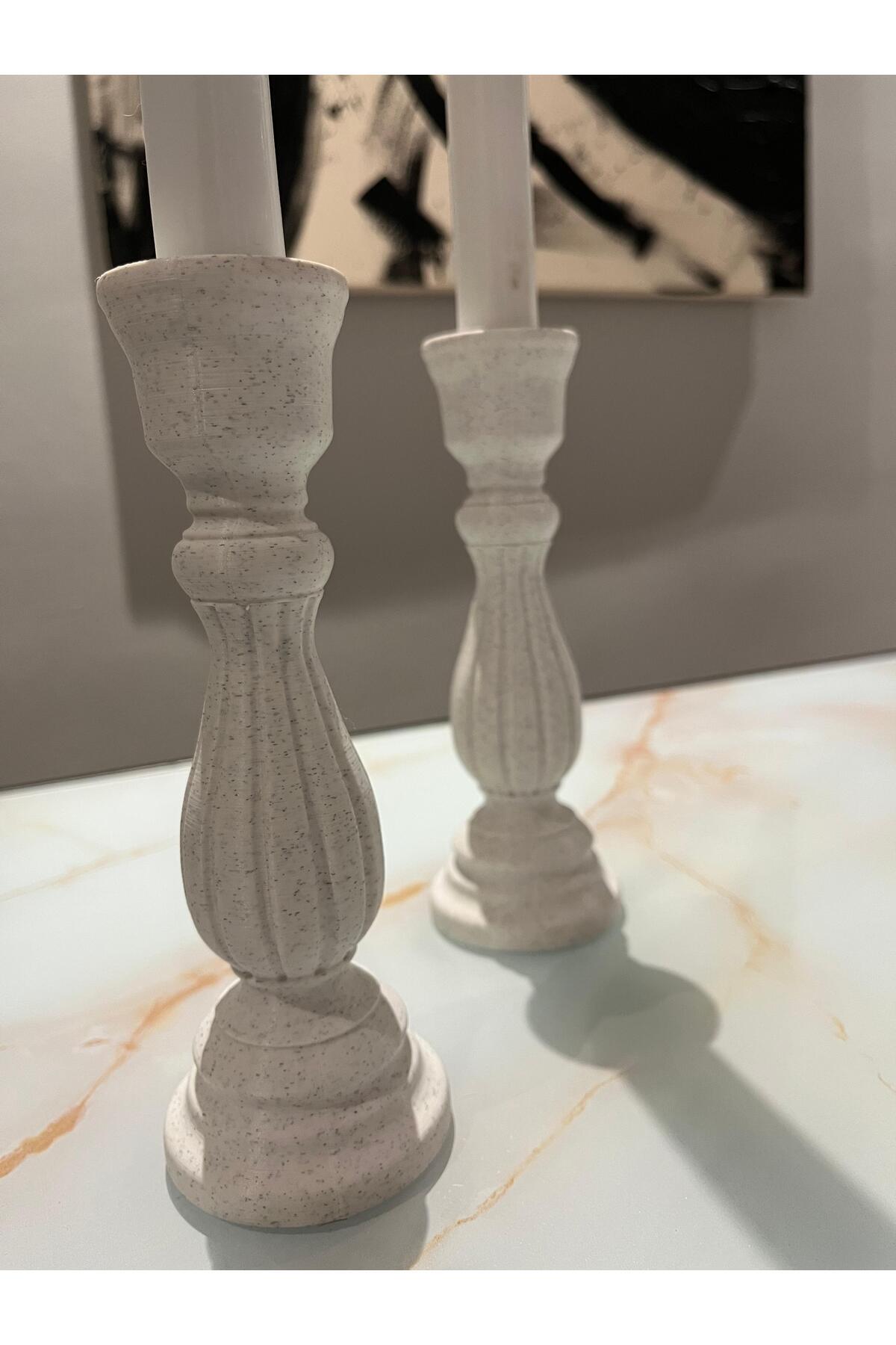 Modern Klasik Tarz: Beyaz Mermer Doku Şamdanlar – 2’li El Yapımı Set
