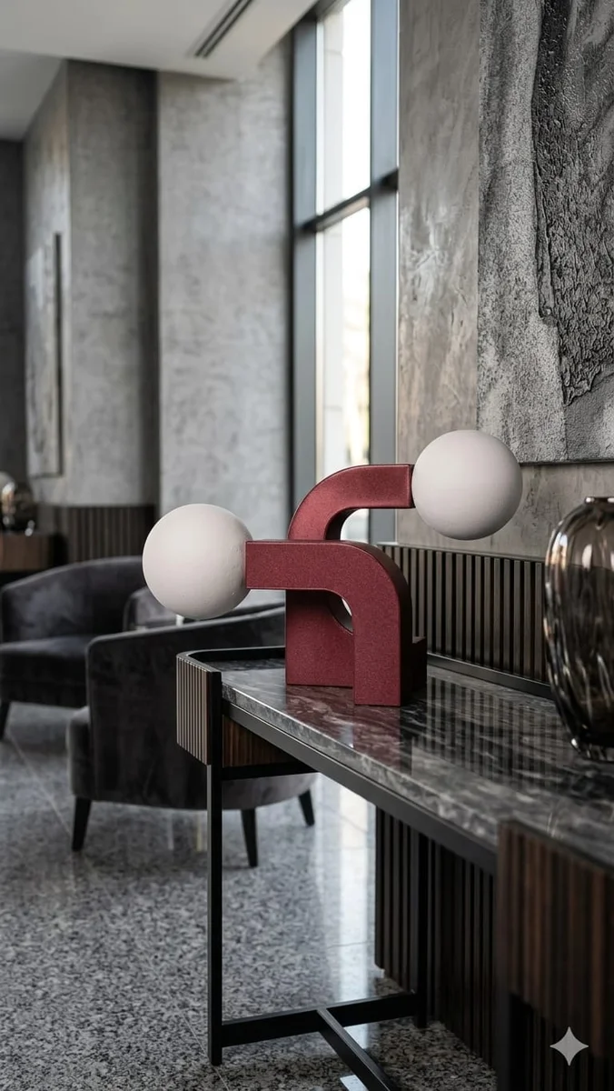 Modern Dekoratif Masa Lambası | Çift Beyaz Küre Bordo Ark Abajur