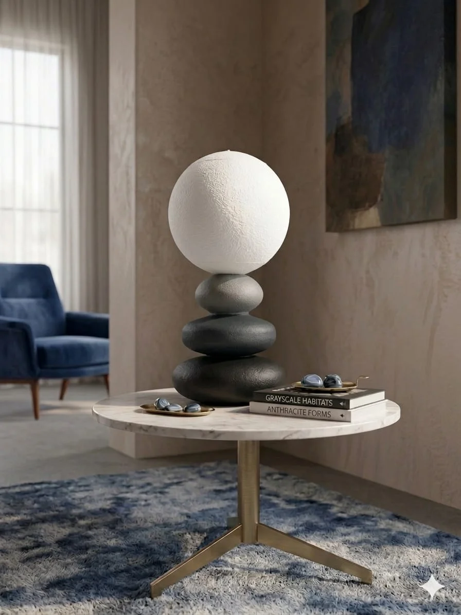 Yığma Taş Formlu Küre Abajur | Antrasit & Beyaz Modern Masa Lambası | Minimalist Dekoratif Aydınlatma